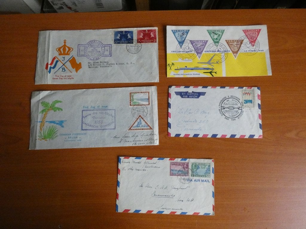5 FDC's Suriname/ Nederlandse Antillen/ Curaçao, Ophalen of Verzenden, Beschreven, Nederland
