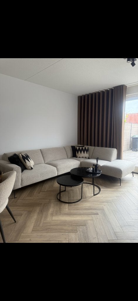 Luxe beige hoekbank, Ophalen, 150 cm of meer, Vierpersoons of meer, Stof