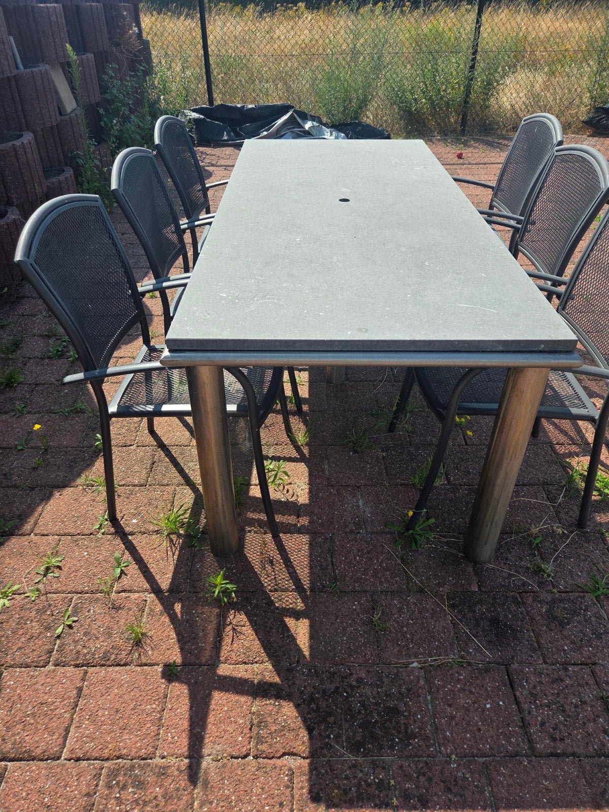 Grote tuinset met 6 stoelen en stenen tafelblad, Ophalen, Gebruikt, Overige materialen