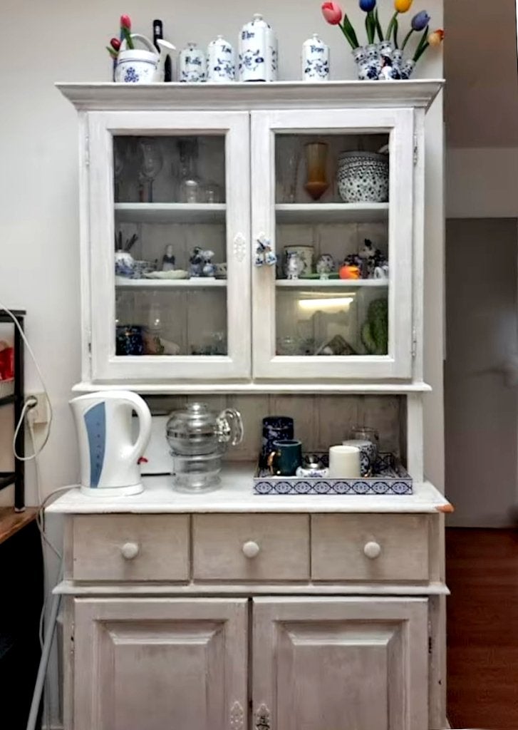 Brocante Buffetkast / Vitrinekast (Hout), Ophalen, Gebruikt, Wit, 50 tot 100 cm
