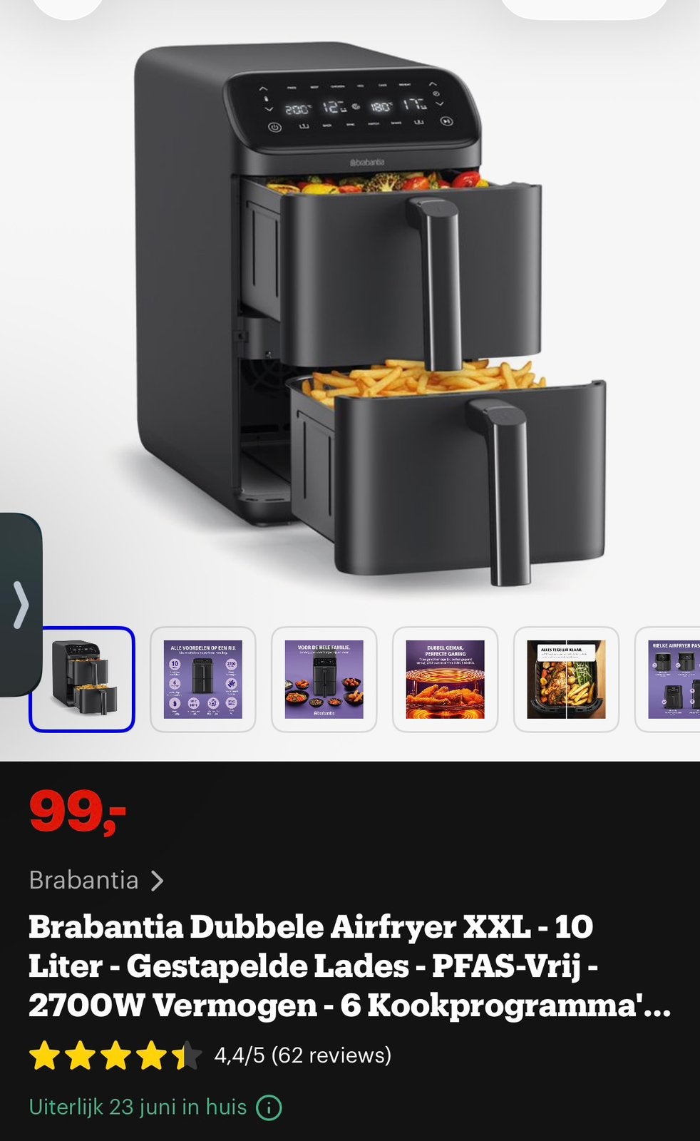 Brabantia Dubbele Airfryer XXL - 10L - 2700W, Verzenden, Nieuw, Airfryer XXL, 1500 gram of meer