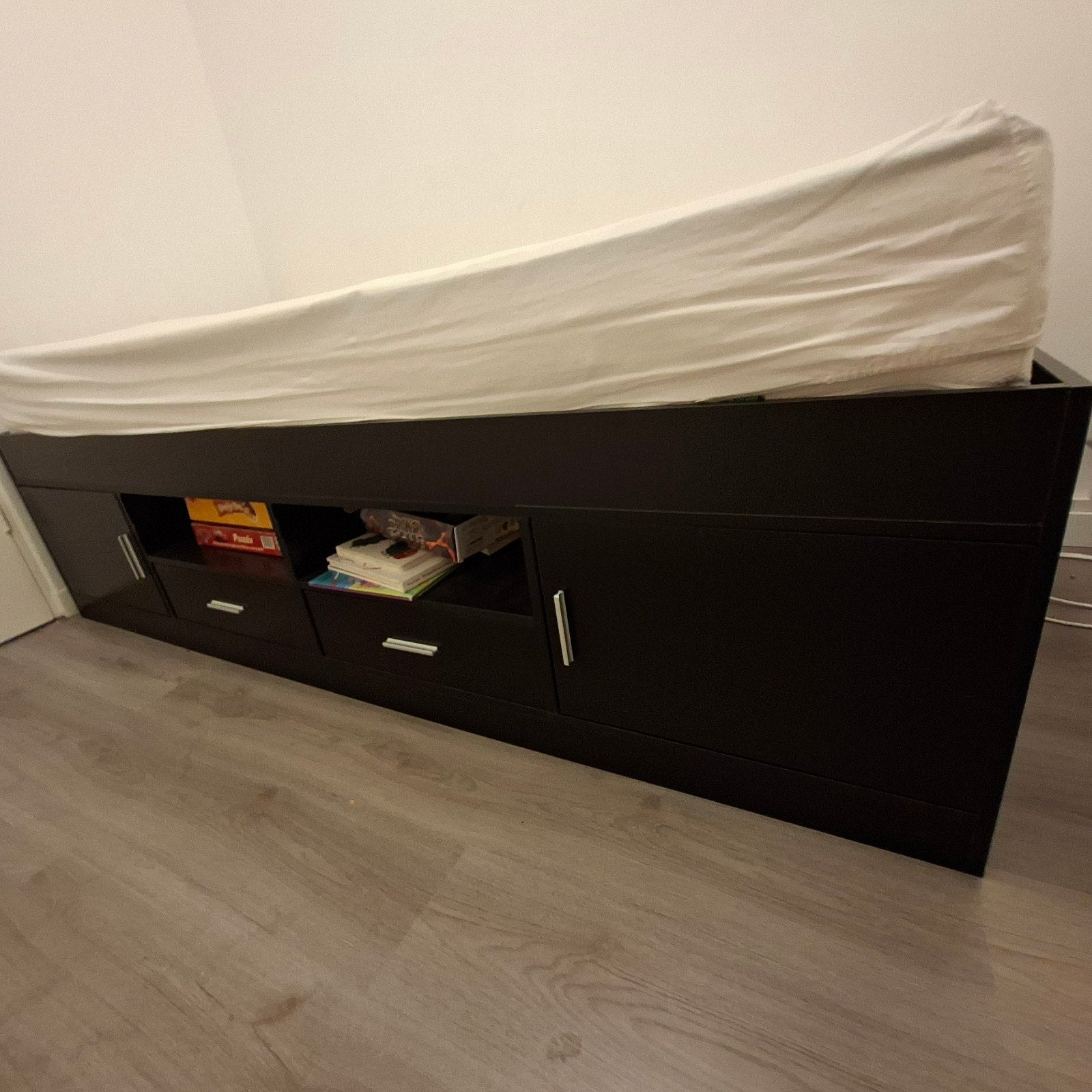 Zwart eenpersoonsbed met opbergruimte, Ophalen, Gebruikt, 90 cm, Eenpersoons