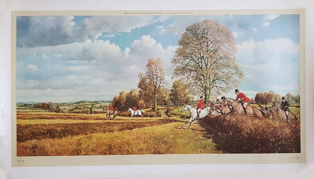 Vintage print, Jachttafereel, oude uitgave 116x66 cm, Antiek en Kunst, 1950 - 1999, 116 cm, Landschap, Ophalen