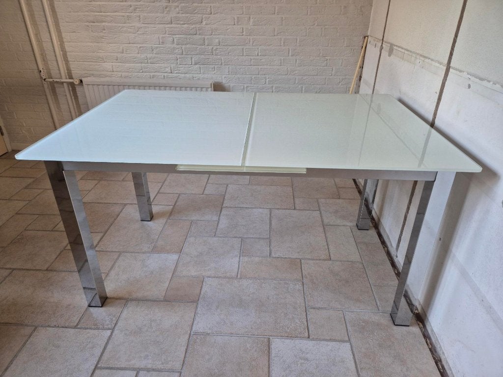 Stevige uitschuifbare tafel van glas, met 4 stoelen., Ophalen, Gebruikt, 100 tot 150 cm, 50 tot 100 cm