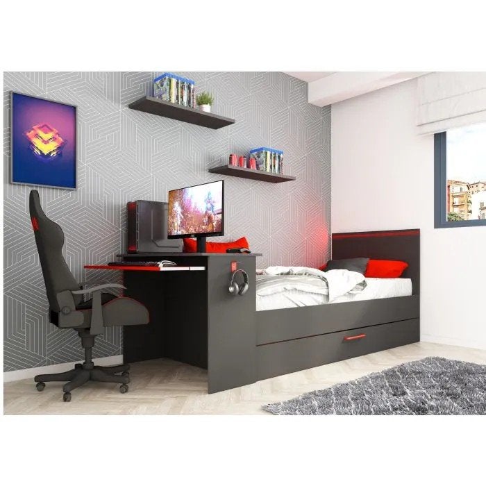 Gaming bed met bureau game bed grijs, Huis en Inrichting, Slaapkamer | Bedden, Gebruikt, Eenpersoons, 90 cm, 200 cm, Hout, Zwart