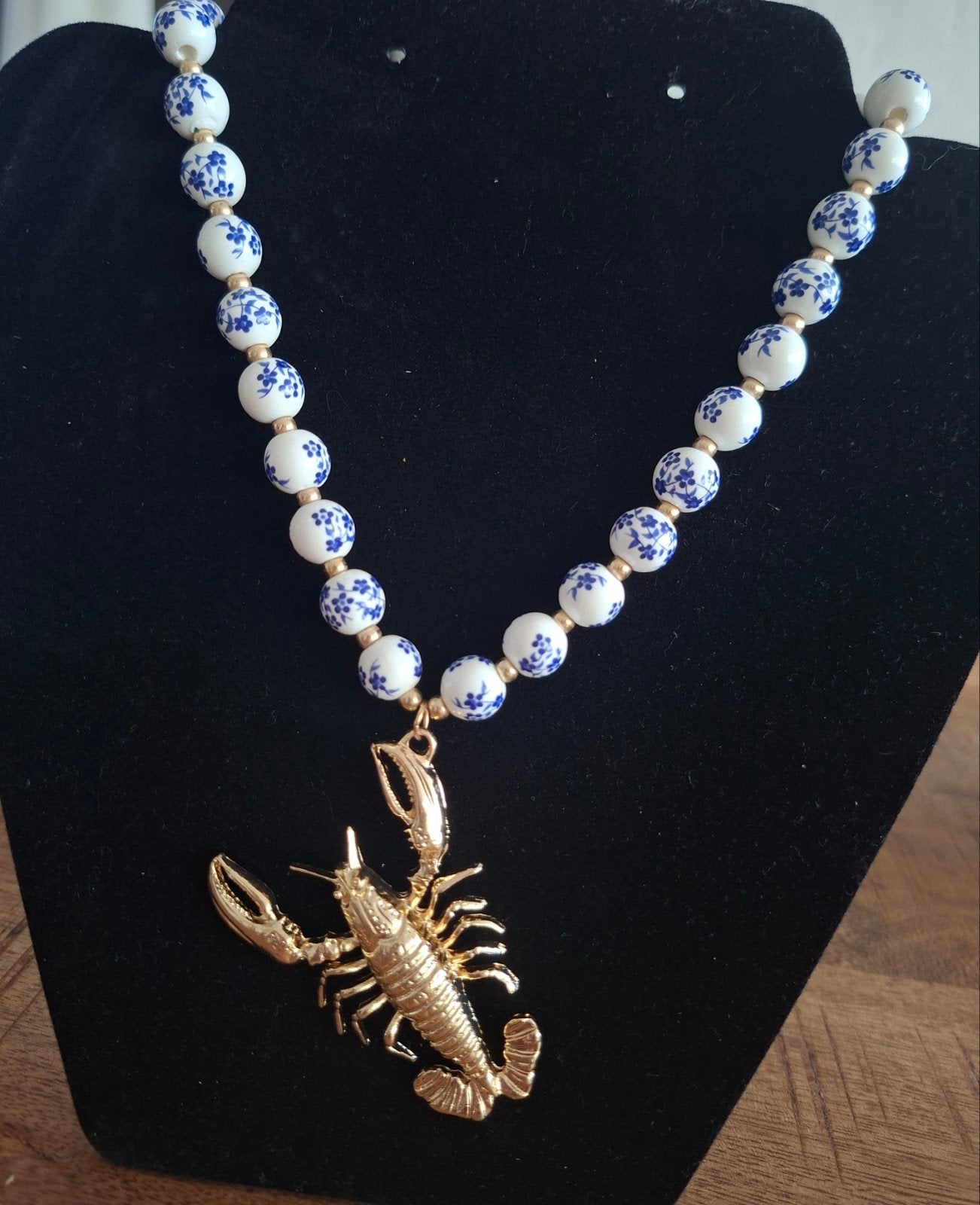 Delfts Blauw ketting met gouden kreeft hanger, Overige materialen, Verstelbaar, Blauw, Nieuw