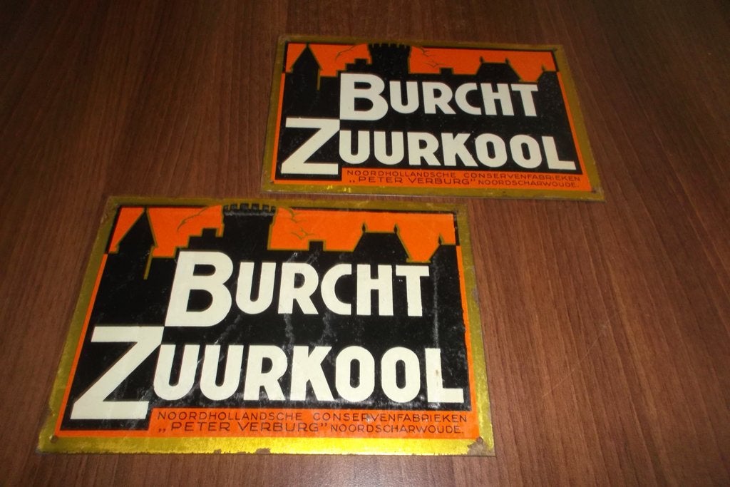 2 oude blikken  Burcht Zuurkool  rekl. bordjes, Verzamelen, Ophalen of Verzenden, Gebruikt, Reclamebord