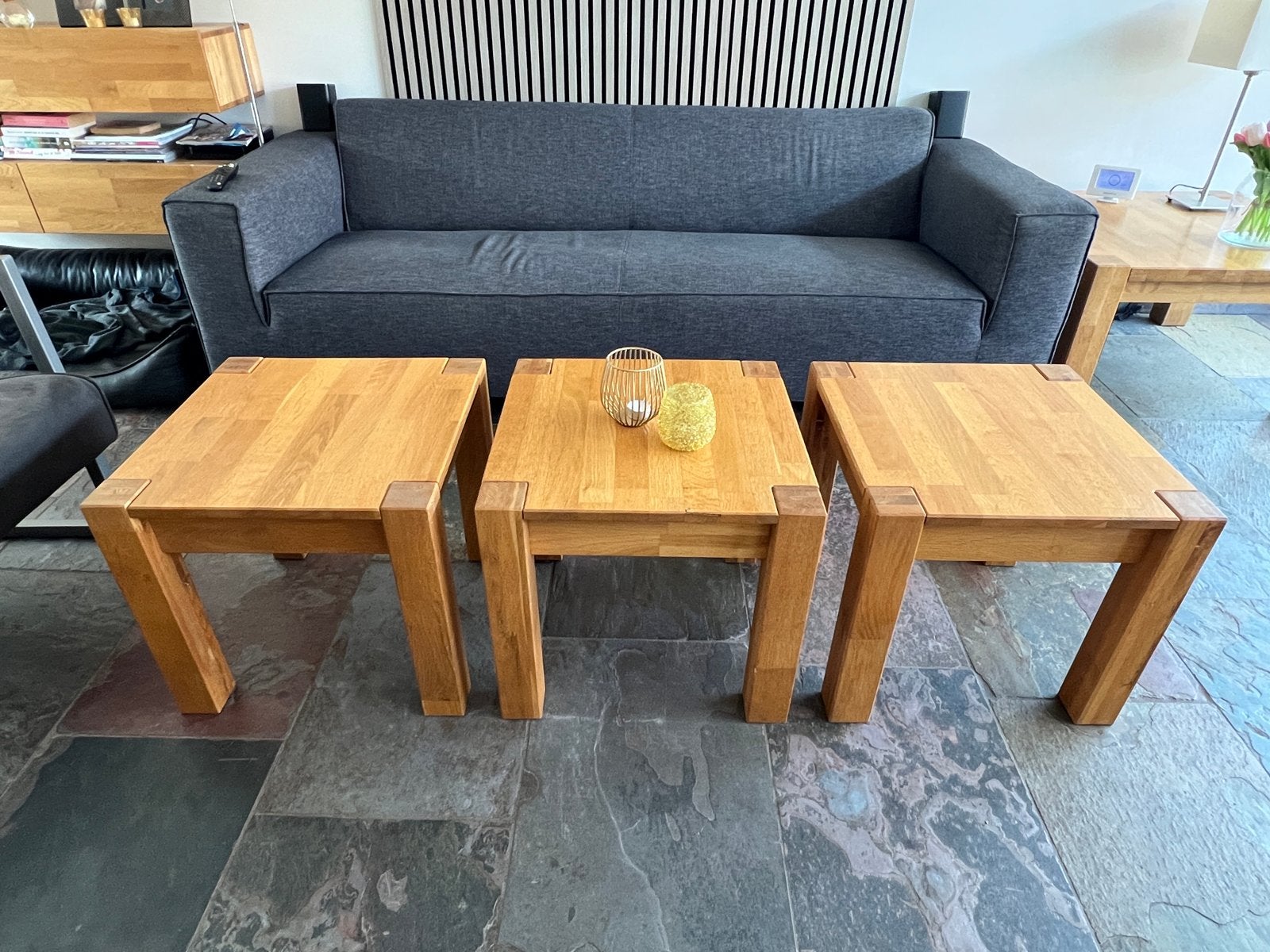 Set strakke massief eiken bijzettafels 50 x 50 x 45cm hoog, Strak, Zo goed als nieuw, 5 – 50, Eikenhout