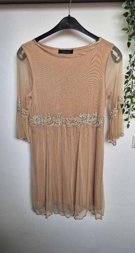 Beige mesh jurk • Twin‑Set Simona Barbieri • maat S/M, Beige, Ophalen of Verzenden, Zo goed als nieuw, Knielengte