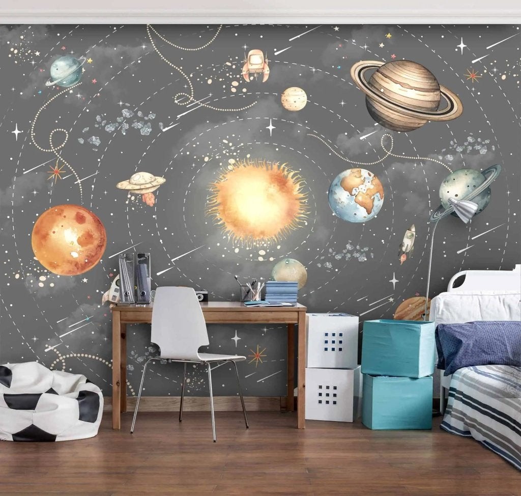 Ruimte behang kinderkamer – zonnestelsel op maat, Overige merken, Modern, Ophalen of Verzenden, Fotobehang