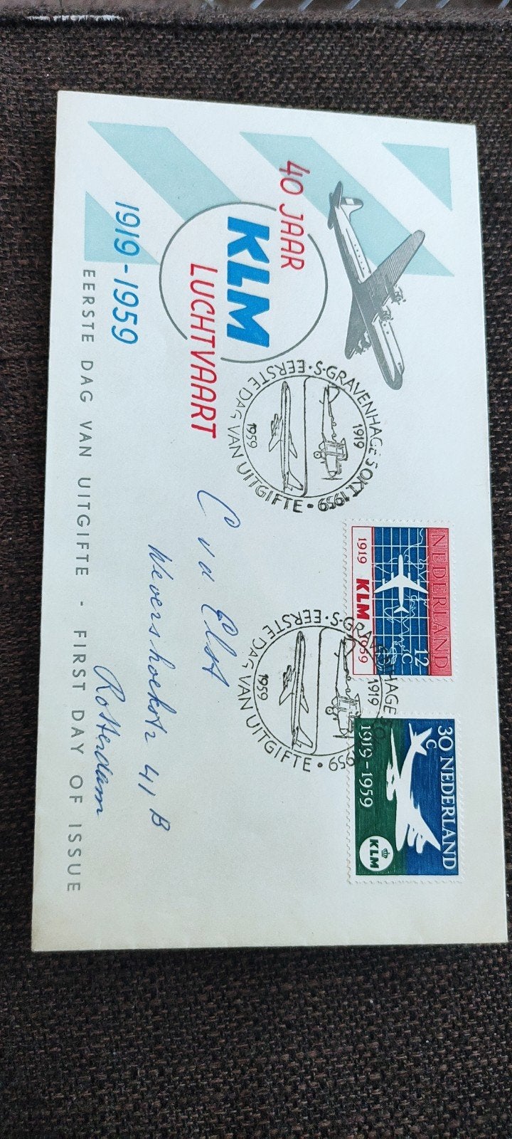 KLM Luchtvaart 40 Jaar Eerste Dag Uitgifte 1919-1959, Postzegels en Munten, Ophalen of Verzenden, Beschreven, Nederland