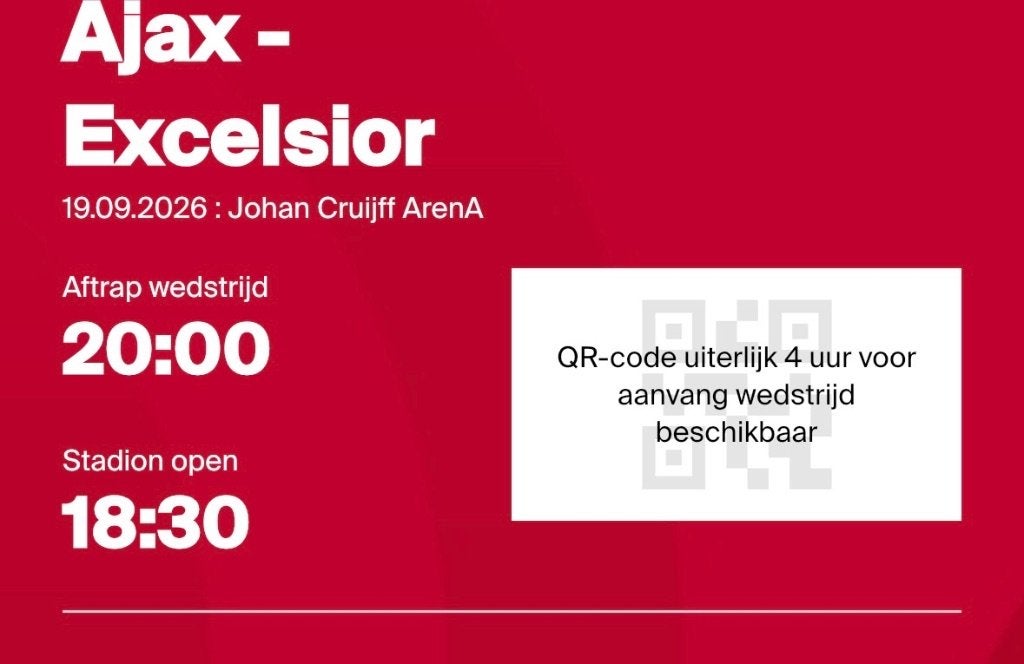 Ajax Excelsior 2 kaartjes naast elkaar, Seizoenskaart, Twee personen, September
