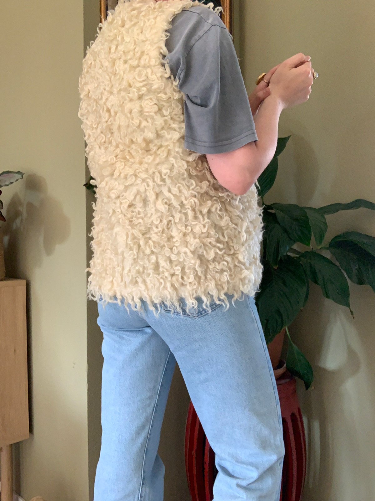 Vintage schapenwol gilet S M bohemain waistcoat, Maat 38/40 (M), -, Beige, -