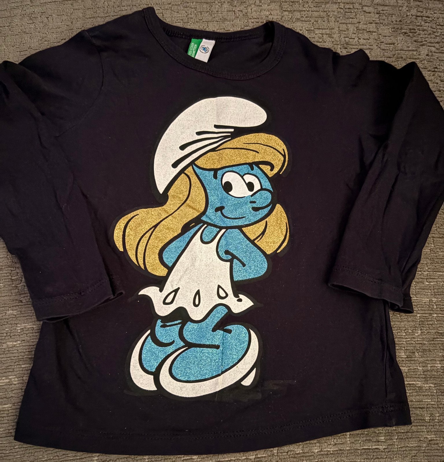 Zwarte longsleeve smurfin, Benetton, maat 92, Ophalen of Verzenden, Zo goed als nieuw, Meisje, Shirt of Longsleeve