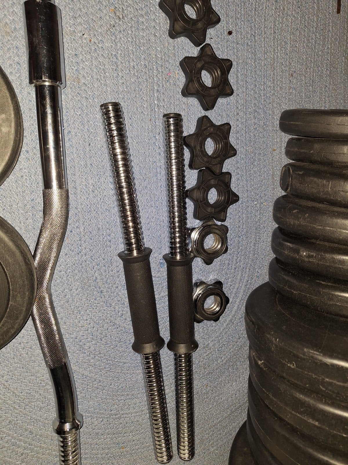 Halterset 53 kg — schijven + EZ curlstang + 2 dumbbellstange, Sport en Fitness, Ophalen