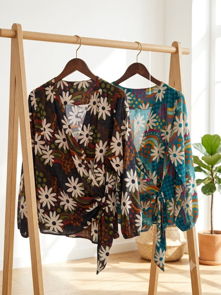 Retro flower power overslagblouses, Maat 38/40 (M), Zwart, Nieuw, Ophalen of Verzenden