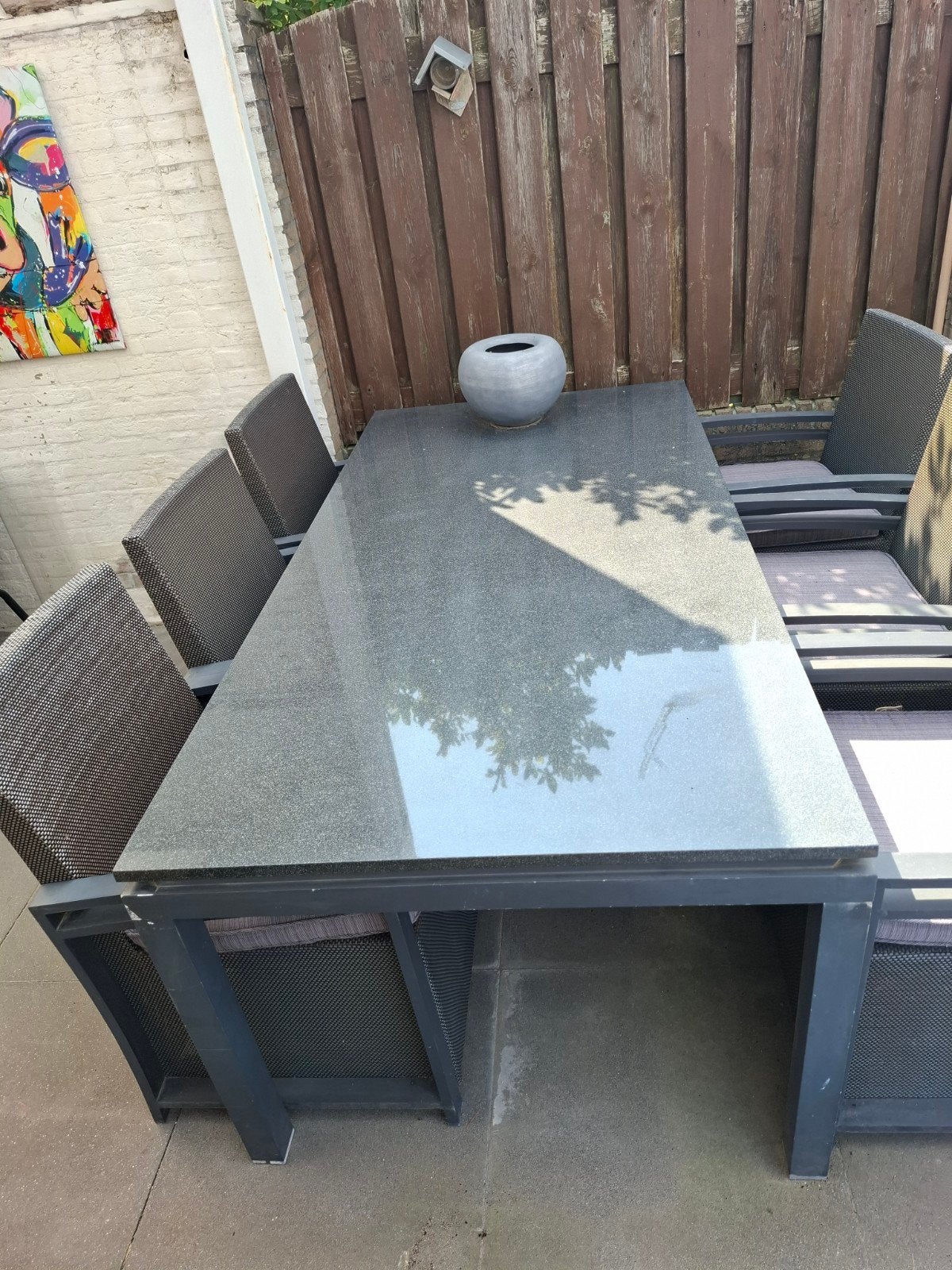 Tuinset met composiet blad en 6 stoelen, Ophalen, Overige materialen, Gebruikt, 6 zitplaatsen