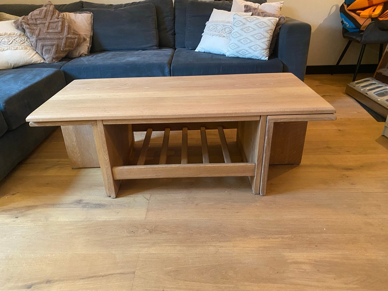 Unieke eiken salontafel - Gerestaureerd met Rubio Monocoat, Ophalen, 100 tot 150 cm, Eikenhout, 50 tot 100 cm
