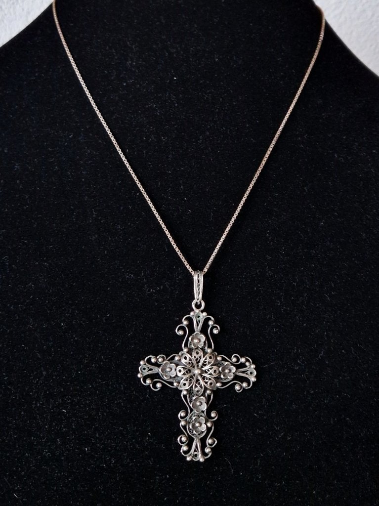 Groot antiek zilveren filigrain kruis met collier - 20s, Ophalen of Verzenden, Zilver, Hanger