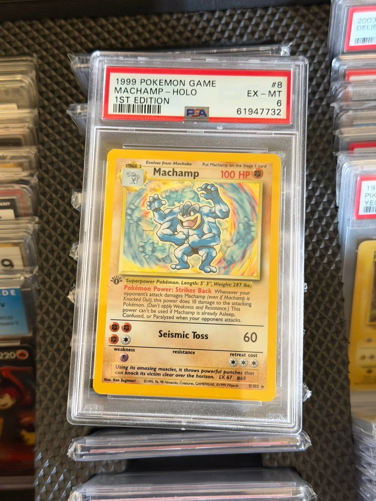 PSA 6 Machamp Holo 1st Edition 8/102 Base Set 1999 Graded, Ophalen of Verzenden, Zo goed als nieuw, Losse kaart, Foil