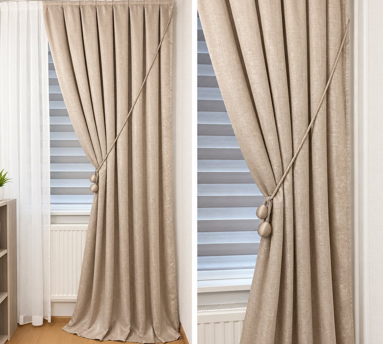 Gordijnen (4 nieuwe beige satijnen gordijnen te koop), Ophalen, Zo goed als nieuw, Beige, Gordijn