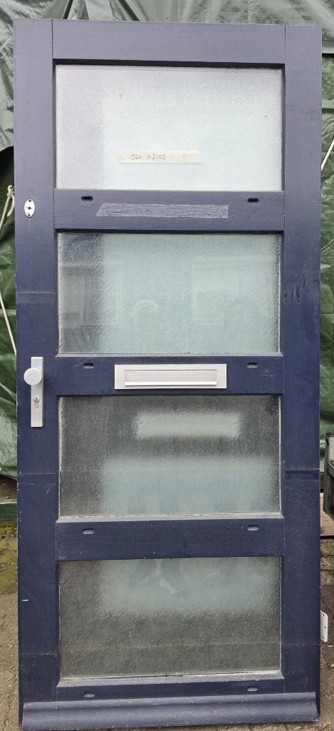 hardhouten ingangsdeur blauw HR+ 4 delen glas + brievenbus, Ophalen, Gebruikt, 80 tot 100 cm, Buitendeur