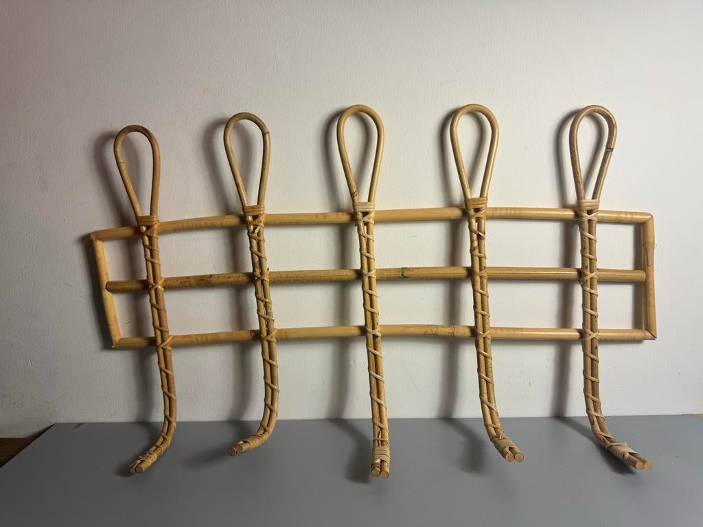 Vintage rotan wandkapstok met 5 haken, Wandkapstok, Gebruikt, ?, Minder dan 100 cm