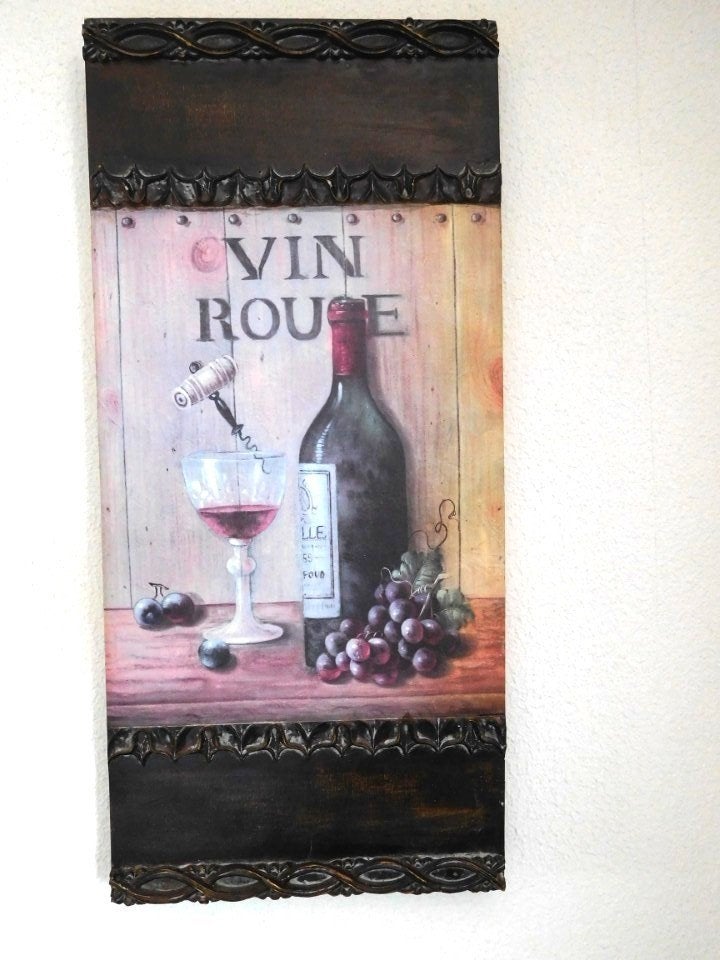 Wijn Wandbord hout , Vin Rouge, met fles wijn, glas en druiv, Ophalen, Gebruikt, Wandbord of Wandpaneel, 61 cm