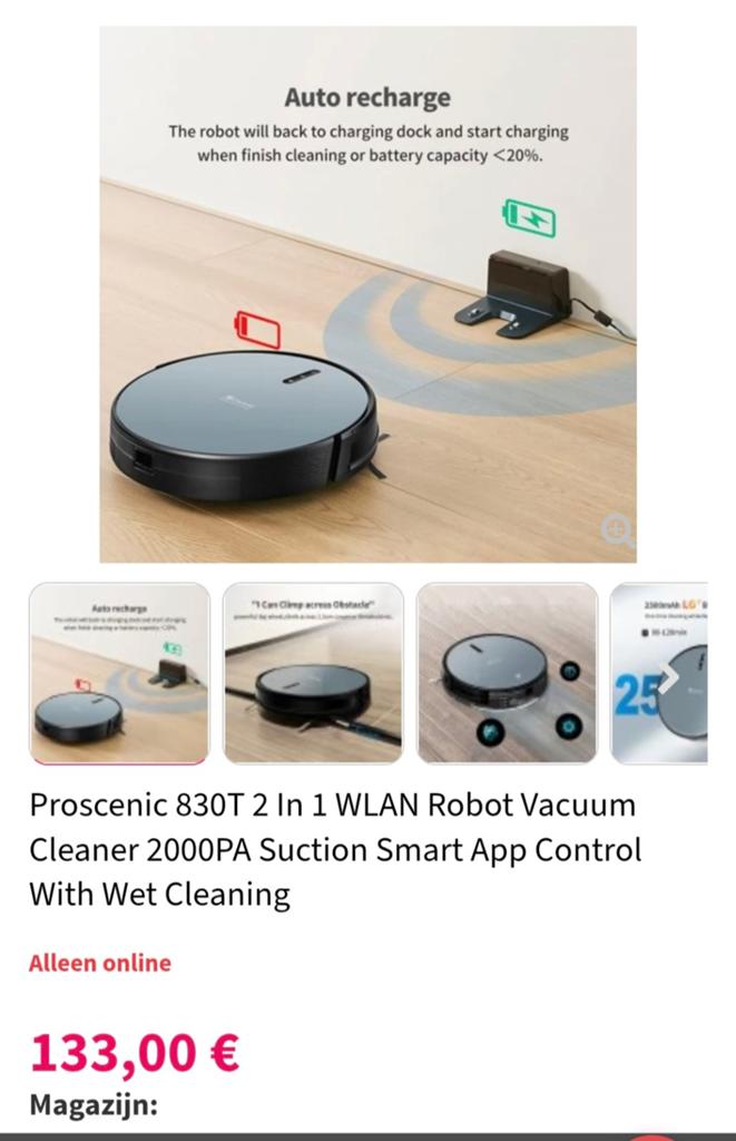 Proscenic 830T Robotstofzuiger met Dweilfunctie, Ophalen, Overige merken, Zo goed als nieuw, Robotstofzuiger