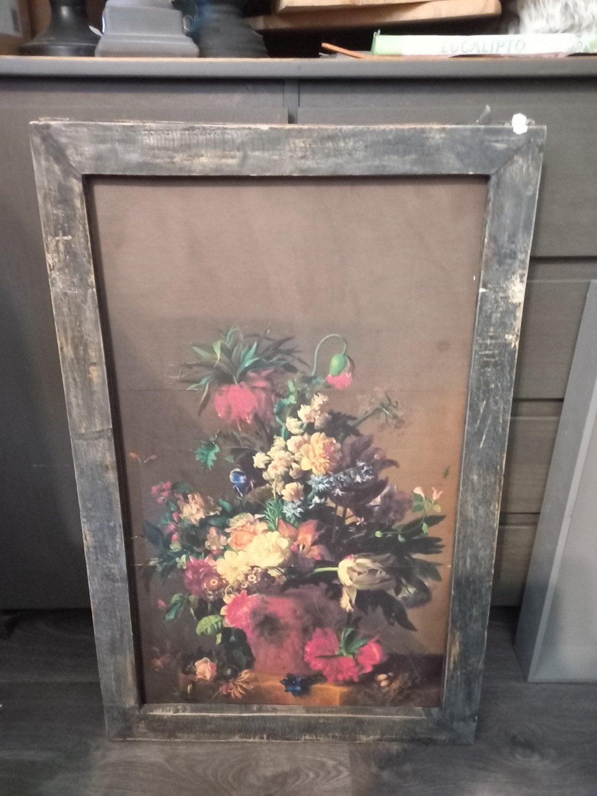 Schilderij met bloemenstilleven in houten lijst, Overige ondergronden, Ingelijst, Vintage, Ophalen