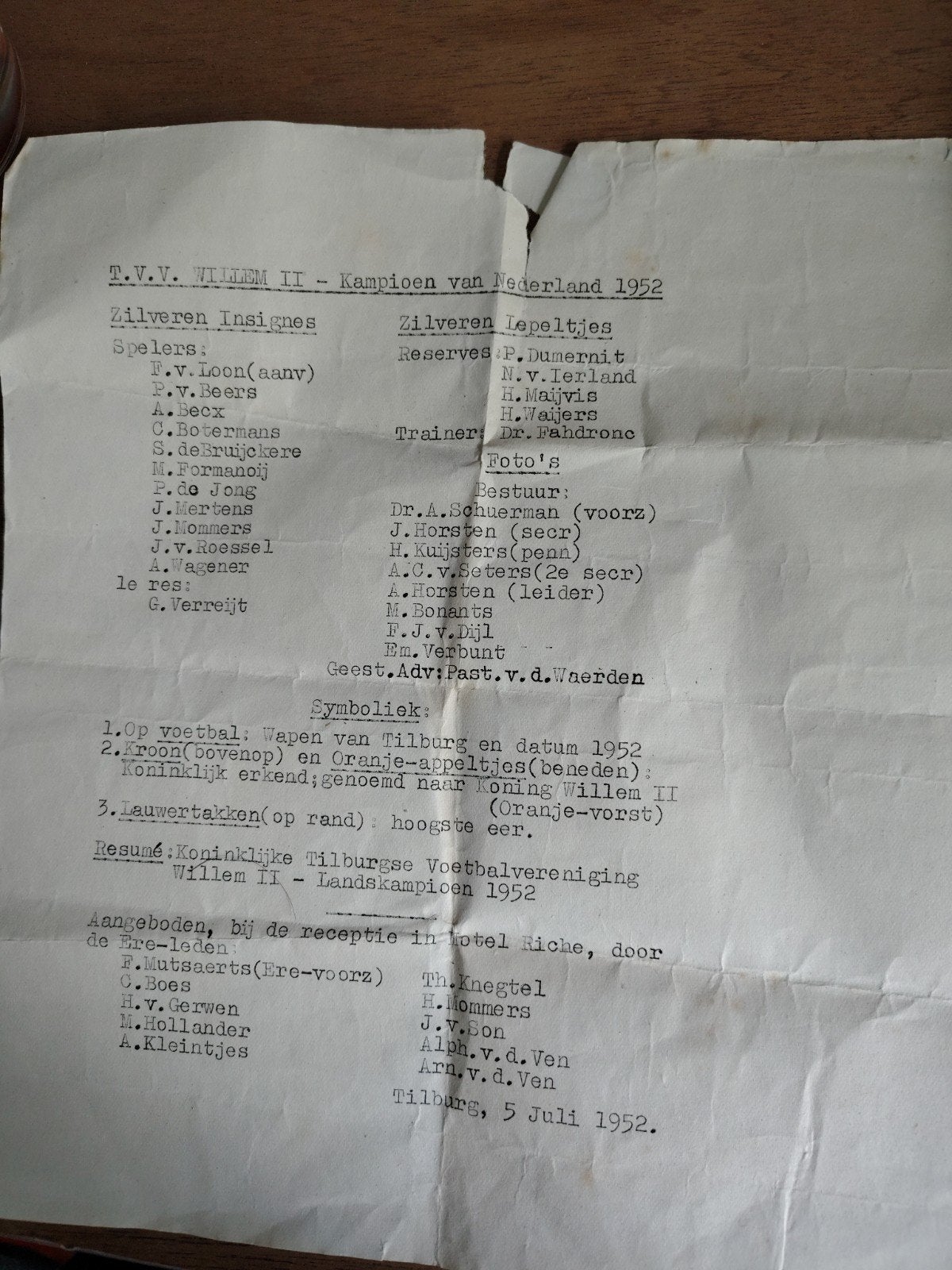 Willem II Landskampioen 1952 - document opstelling, Verzamelen, Ophalen of Verzenden, Gebruikt, Willem II, Overige typen