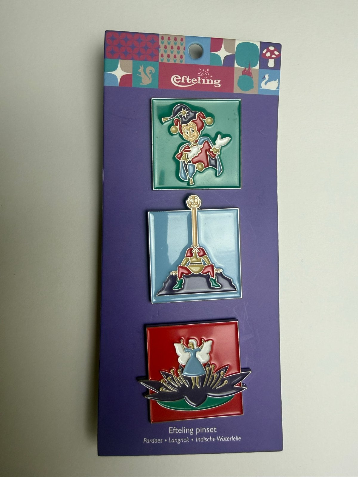 Efteling pinset: Pardoes, Langnek, Indische Waterlelie, Verzamelen, Ophalen of Verzenden, Nieuw, Button of Speldje