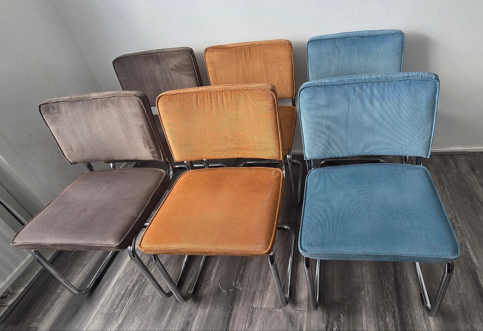 Zuiver ridge rib ribstof buisframe eetkamerstoelen set 6x, Ophalen, Zo goed als nieuw, Blauw, Vijf, Zes of meer stoelen