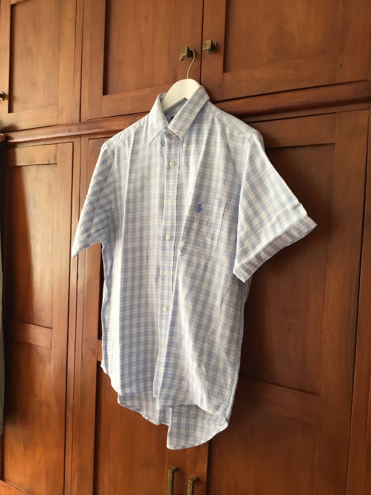 heren overhemd, merk Polo, met korte mouw maat M/L, Ophalen of Verzenden, Zo goed als nieuw, Blauw, Halswijdte 39/40 (M)