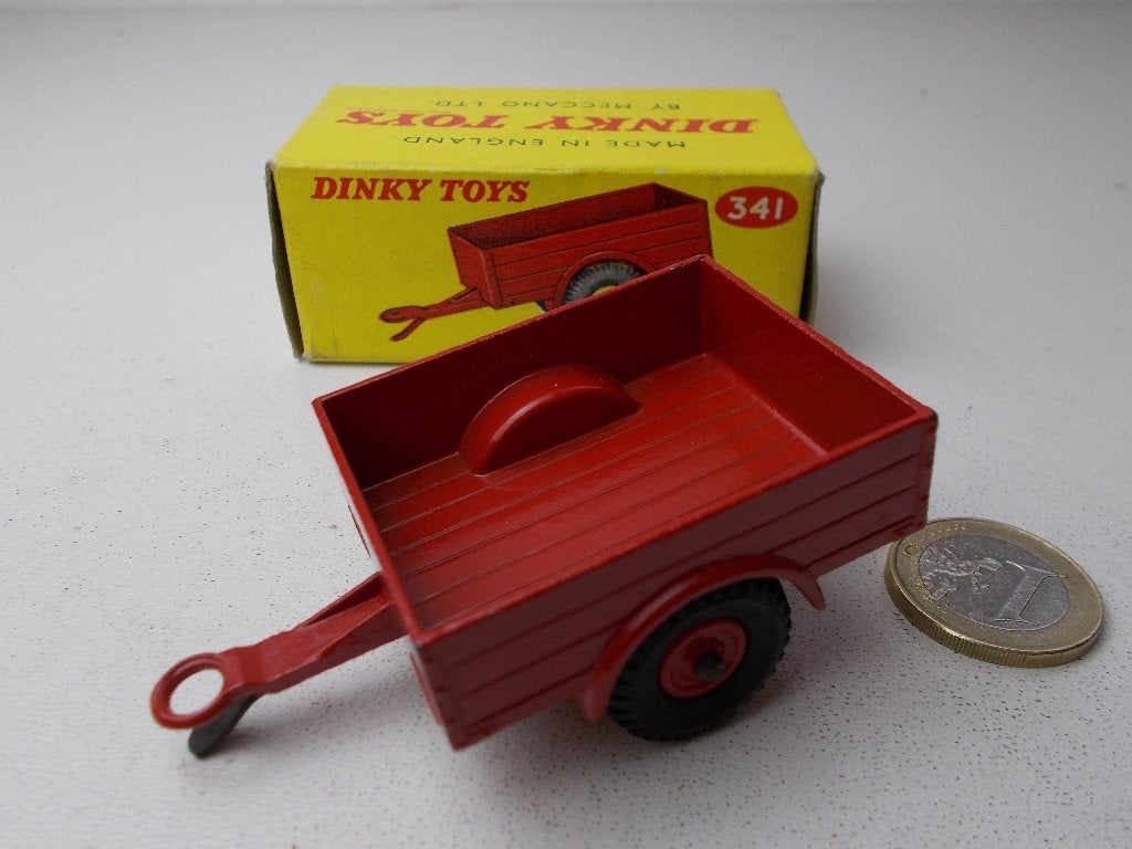 1955 Dinky Toys 341 LAND ROVER TRAILER + DOOSJE (ROOD) -G-., Hobby en Vrije tijd, Modelauto's | 1:43, Ophalen of Verzenden, Zo goed als nieuw