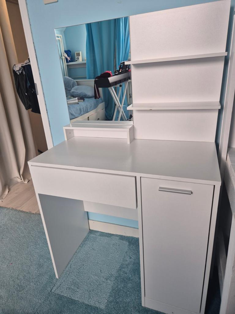 Witte kaptafel met spiegel en opbergruimte, Gebruikt, 100 tot 150 cm, Modern, Hout