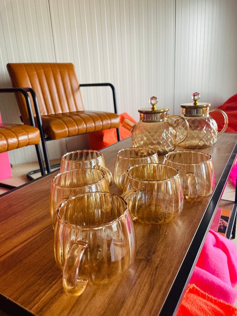 2 x gouden theepot en 6 glazen in pompoen vorm, Overige typen, Ophalen of Verzenden, Overige stijlen, Glas