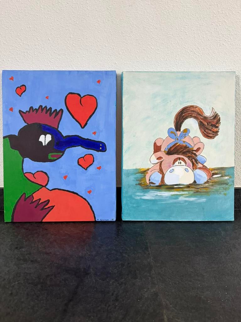 2 schilderijen voor op de kinderkamer. 30x40, Ophalen of Verzenden, Zo goed als nieuw, Wanddecoratie