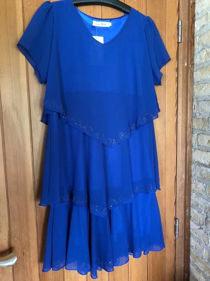 Zomers damesjurkje.Maat L.Kan ook M.Feestelijk blauw., Blauw, Nieuw, Boven de knie, Ophalen