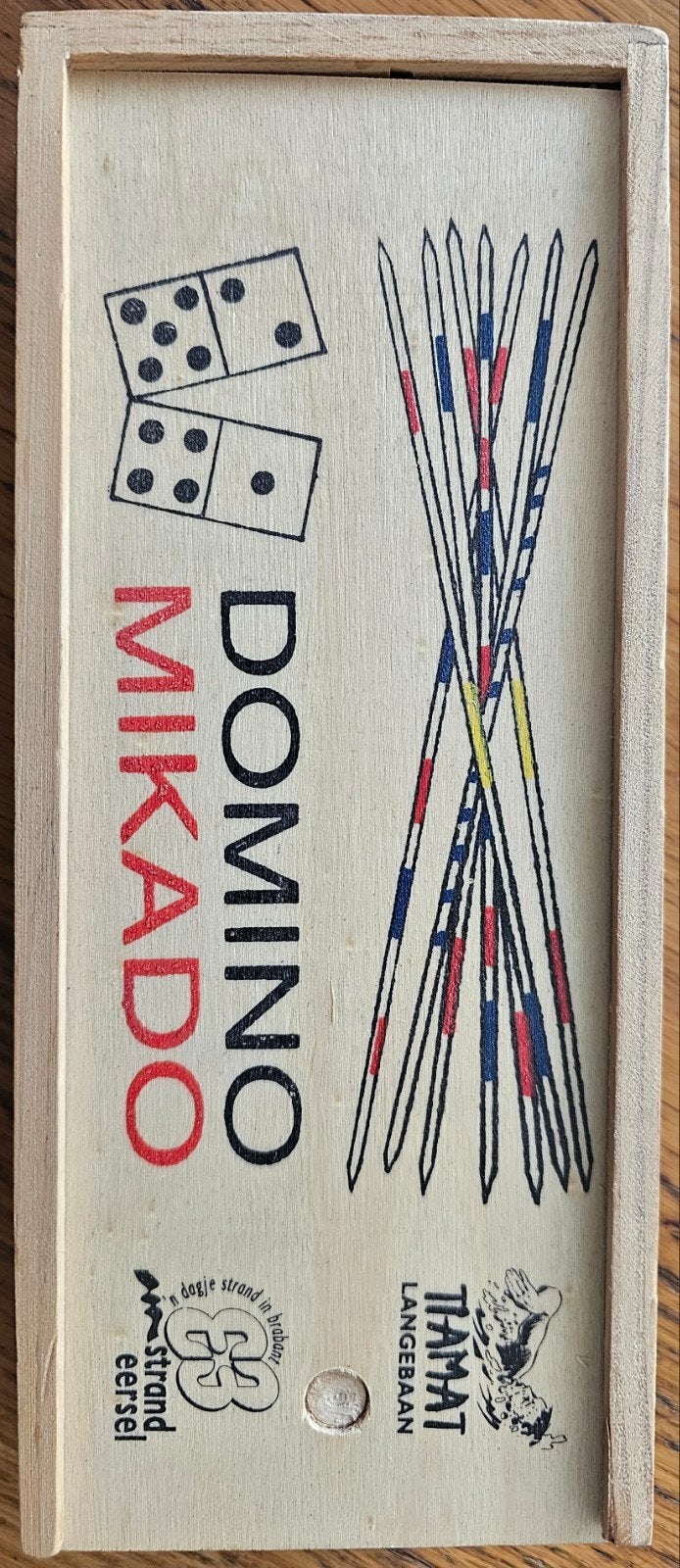 Domino en Mikado in houten kistje., Ophalen of Verzenden