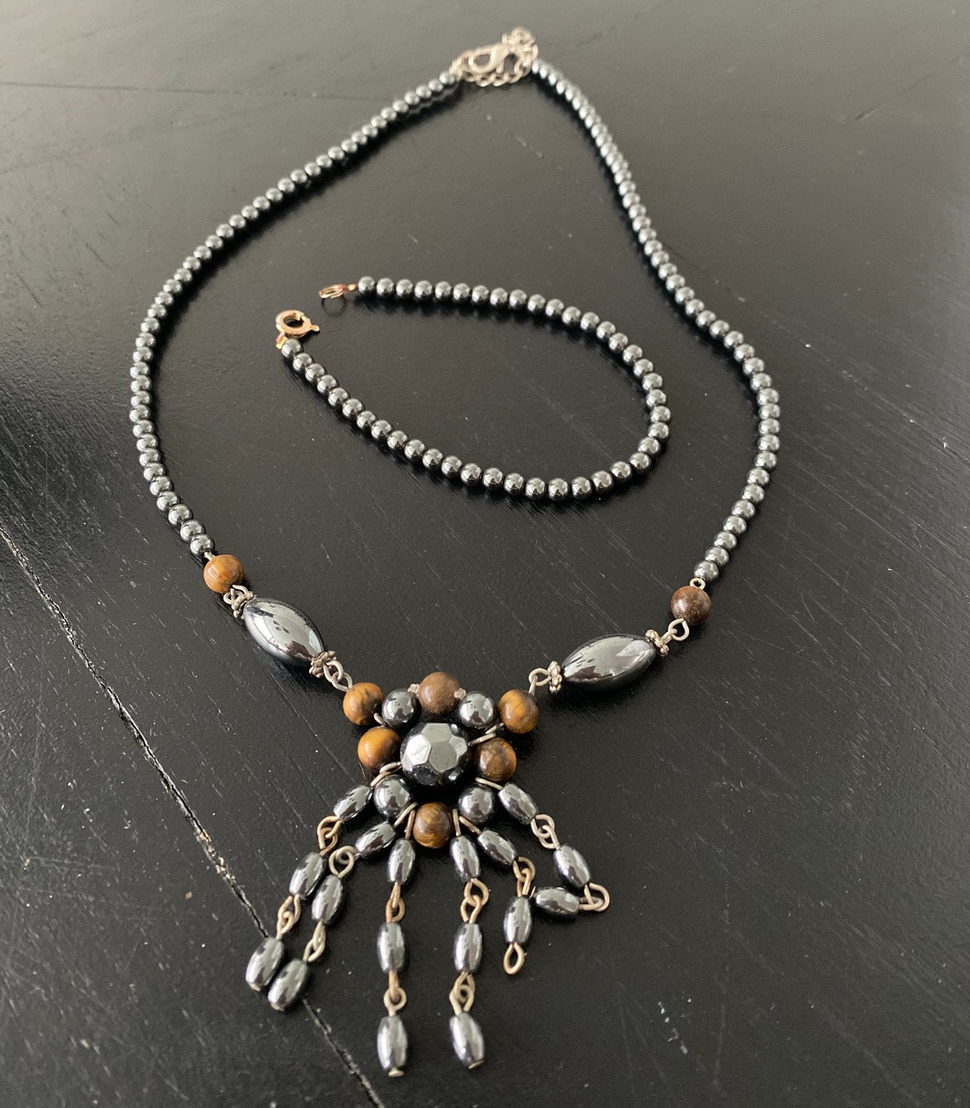 Vintage edelstenen ketting -hematiet & tijgeroog- & armband, Sieraden, Tassen en Uiterlijk, Ophalen of Verzenden, Zo goed als nieuw