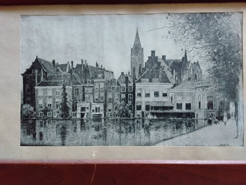 Authentieke ets Hofvijver Den Haag, H.E,Roodenburg 1921, Ingelijst, Ets, Stadsgezicht, 35 cm