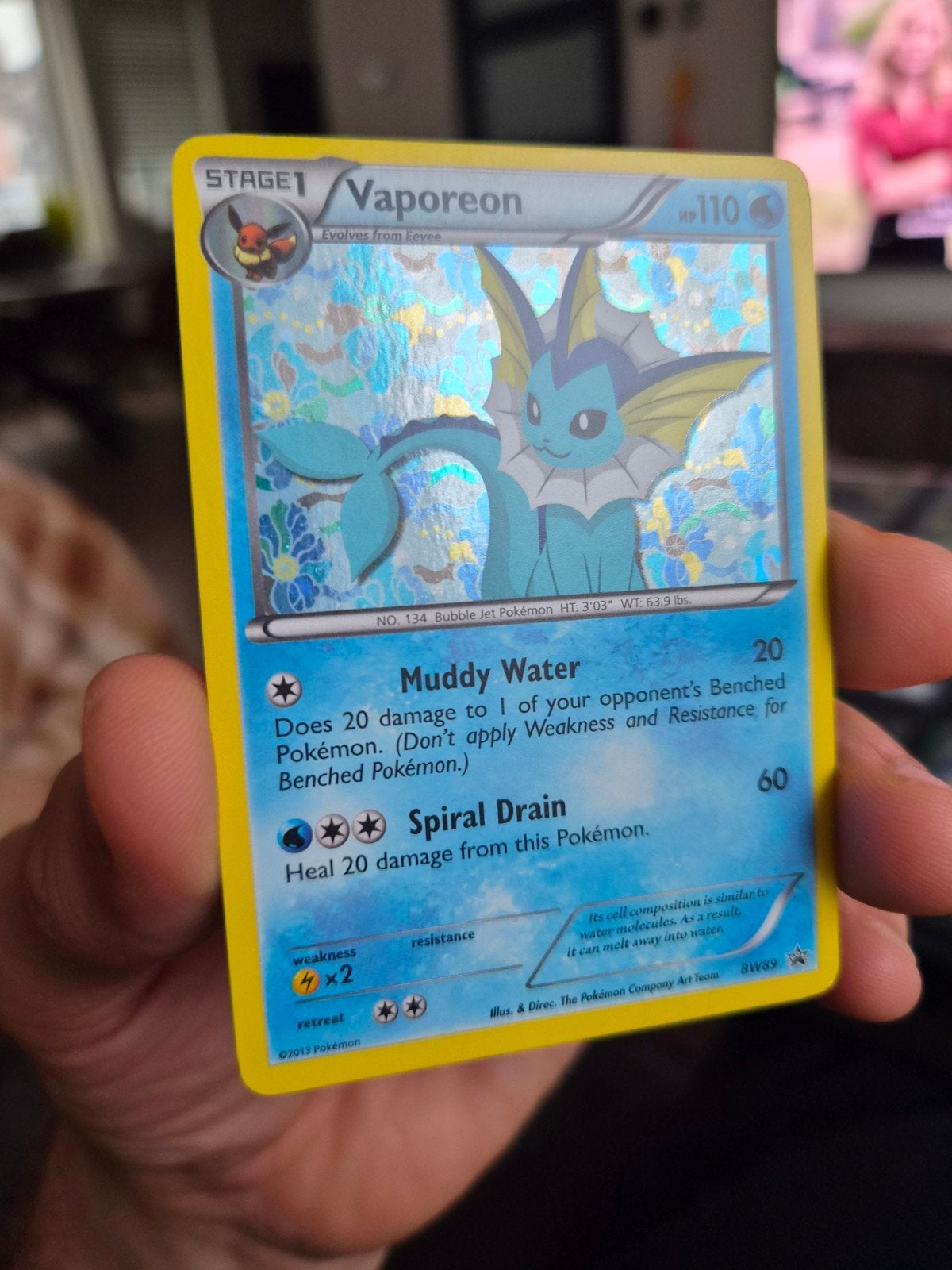 Pokémon Kaart Vaporeon Holo BW89 Black & White Promo, Ophalen of Verzenden, Zo goed als nieuw, Losse kaart, Foil
