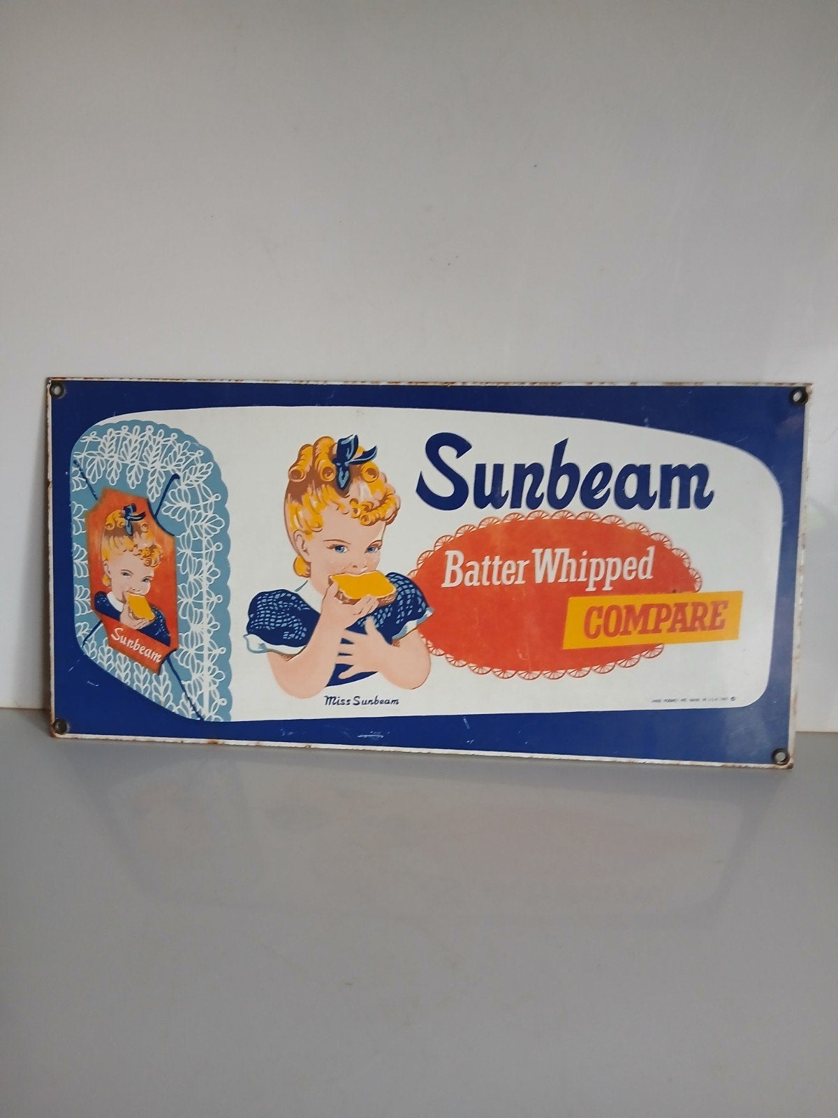 Vintage Emaille Bord Miss Sunbeam - Batter Whipped Compare, Ophalen of Verzenden, Gebruikt, Reclamebord