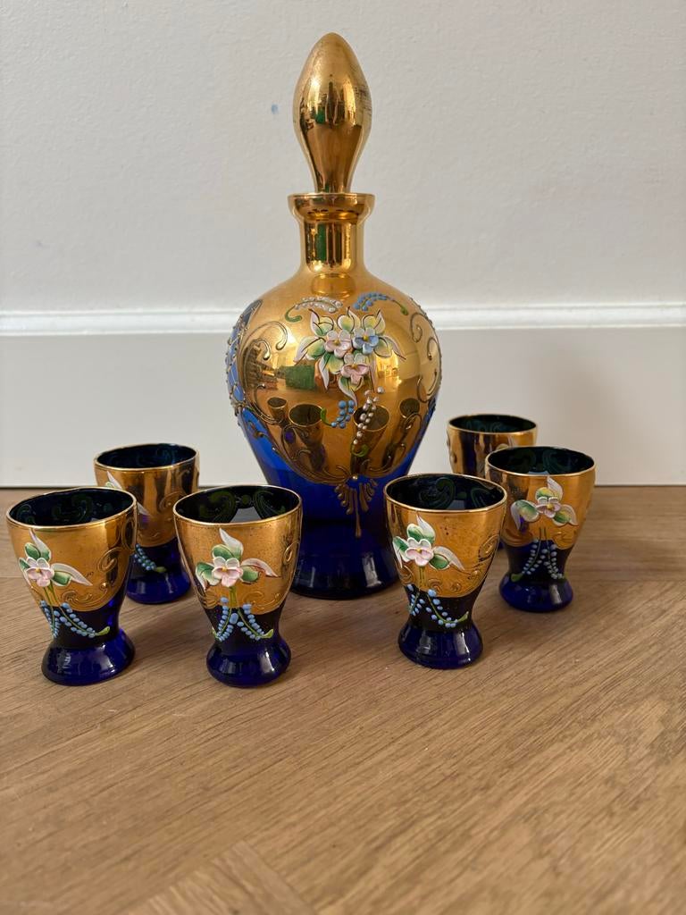 Vintage Venetiaans Likeur Karaf Set - Kobaltblauw & Goud, Ophalen