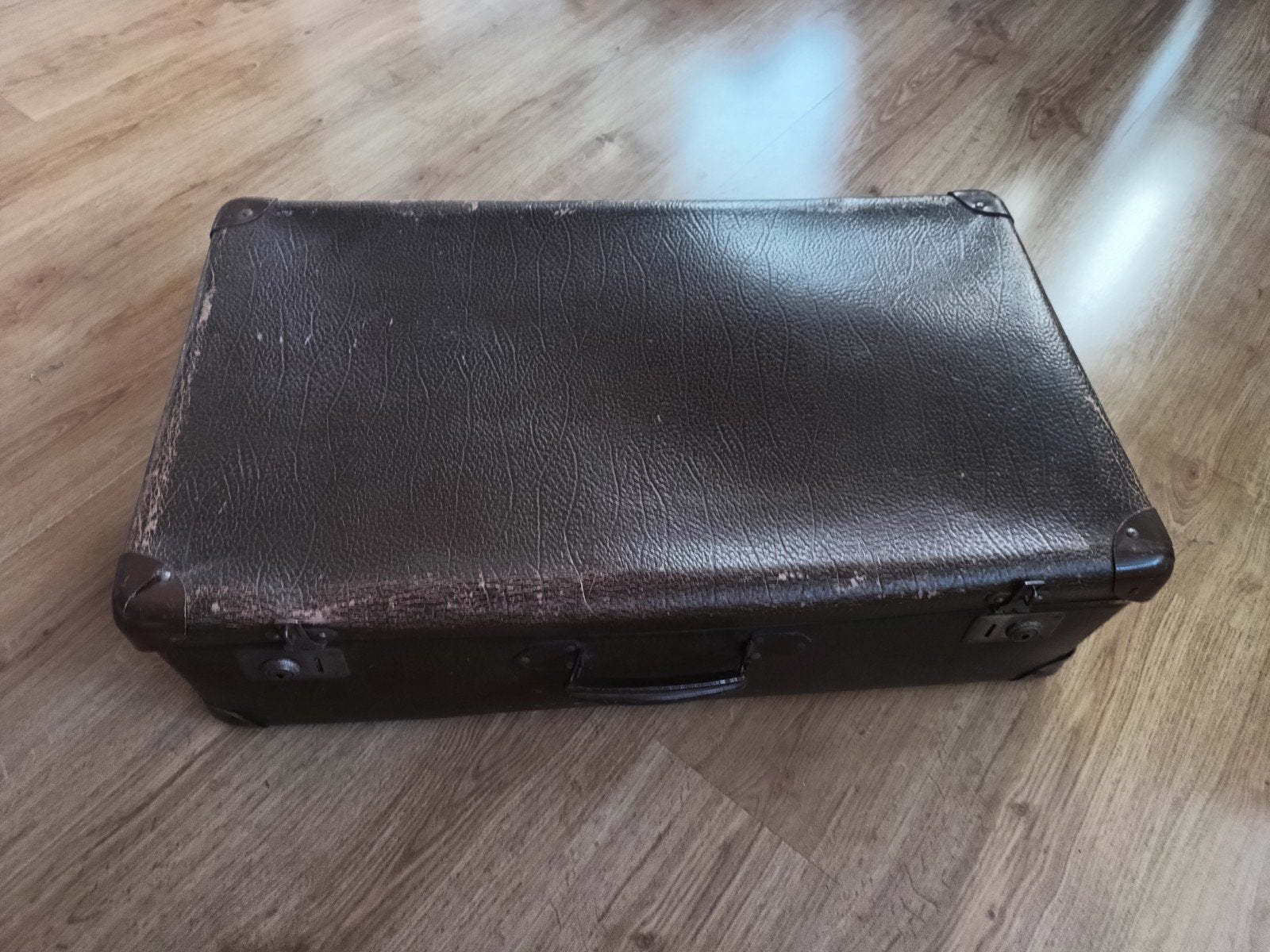 oude vintage retro hutkoffer met geruite binnenkant, Ophalen of Verzenden, Metaal, Minder dan 50 cm
