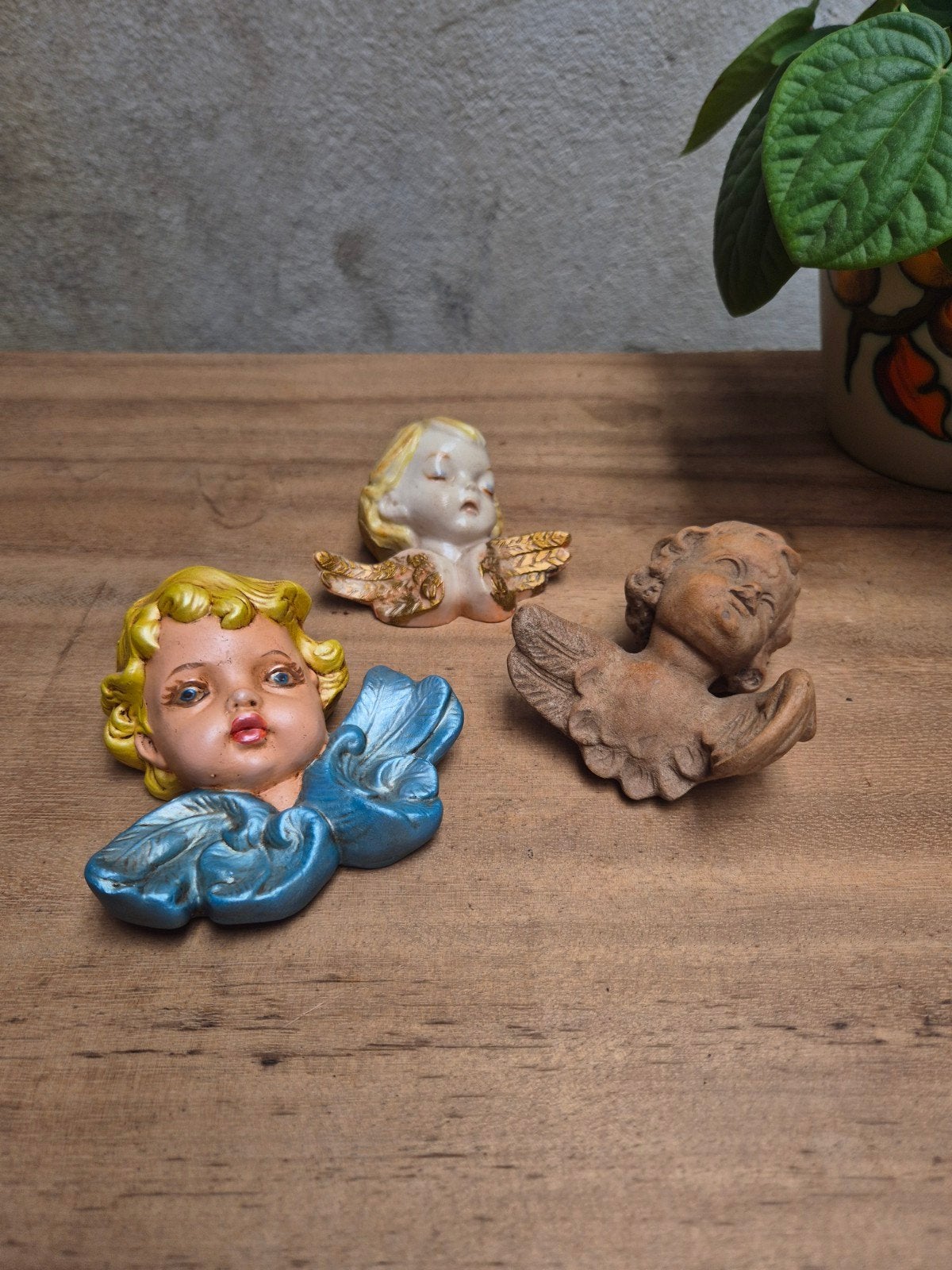 Set van 3 Vintage Engelenhoofdjes - Religieuze Decoratie, Ophalen of Verzenden, Gebruikt, Religie