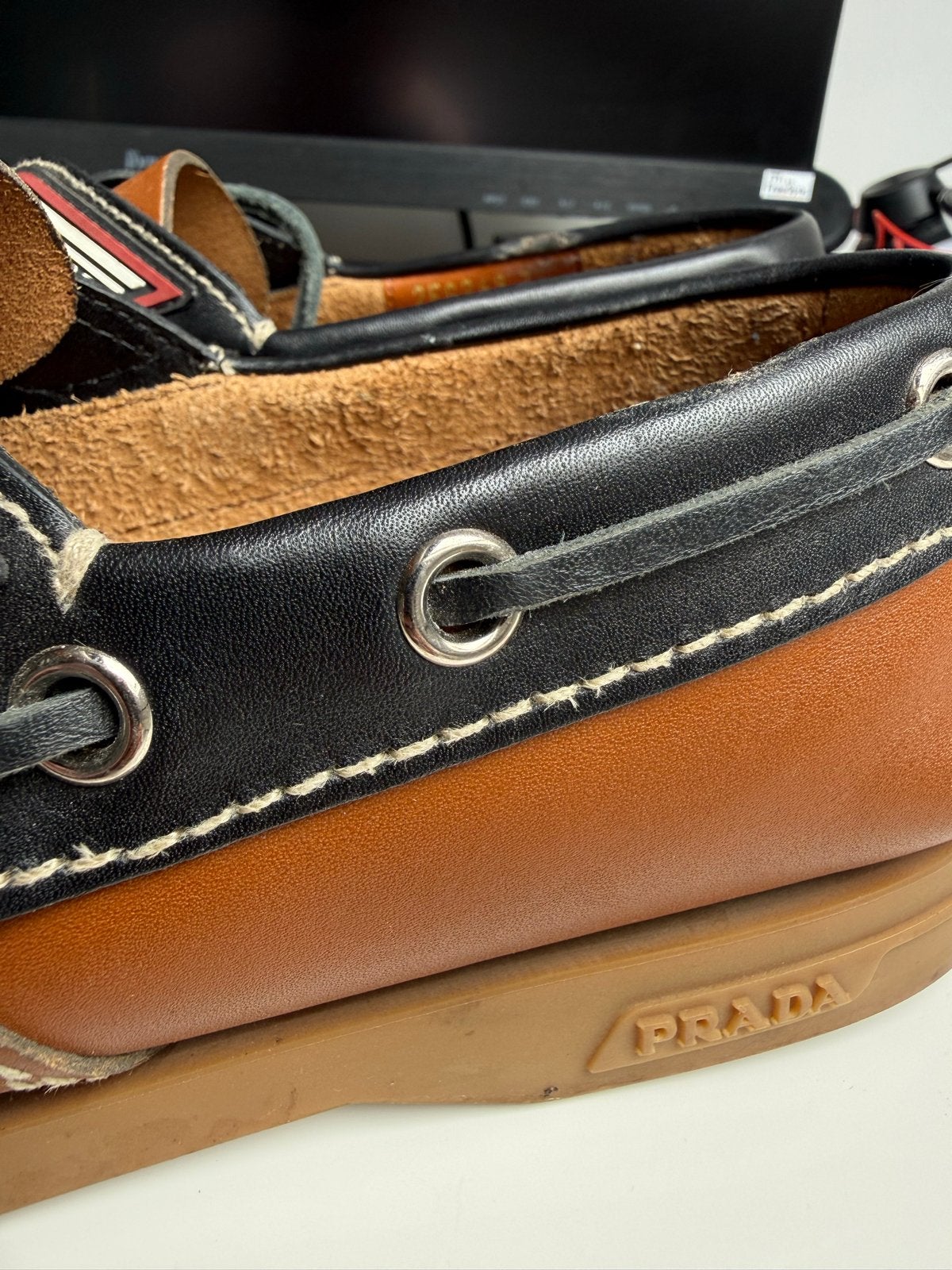 Authentieke Prada Leren Bootschoenen - Model 2EG269, Ophalen of Verzenden, Gedragen, Bruin, Loafers