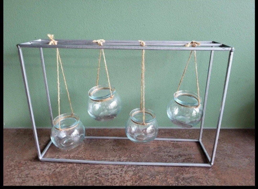 Metalen rekje met glazen potjes voor plantjes/decoratie, Ophalen of Verzenden, Zo goed als nieuw, Zilver, Metaal