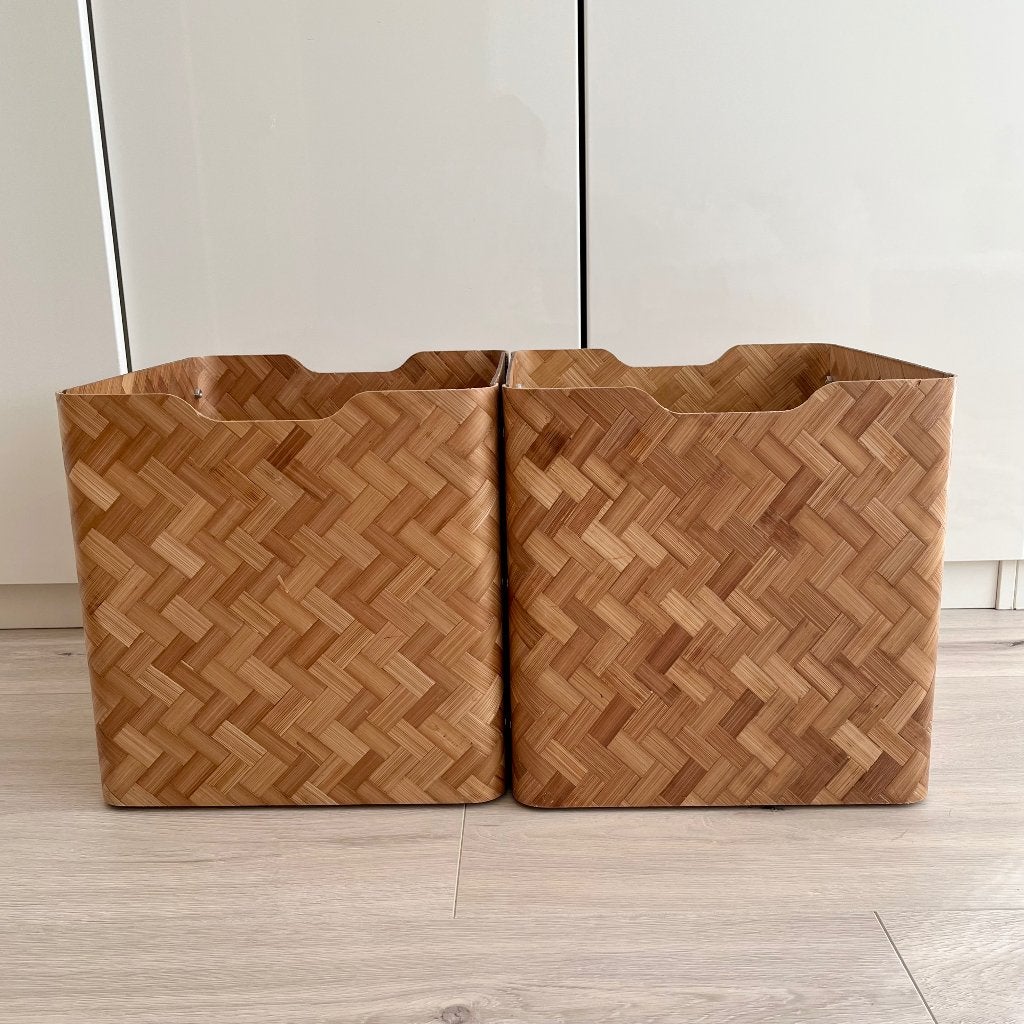 4x IKEA BULLIG opberg bak / doos bamboe hout Kallax-formaat, Ophalen, Overige materialen, Vierkant, Nieuw